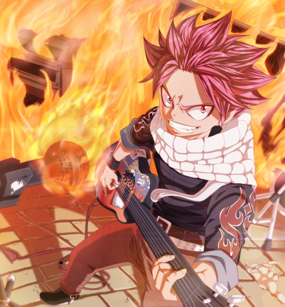 Anime picture 1426x1536 with fairy tail natsu dragneel afran67 single tall image short hair smile pink hair pink eyes grin coloring boy scarf pants microphone fire wire (wires) guitar wristlet microphone stand