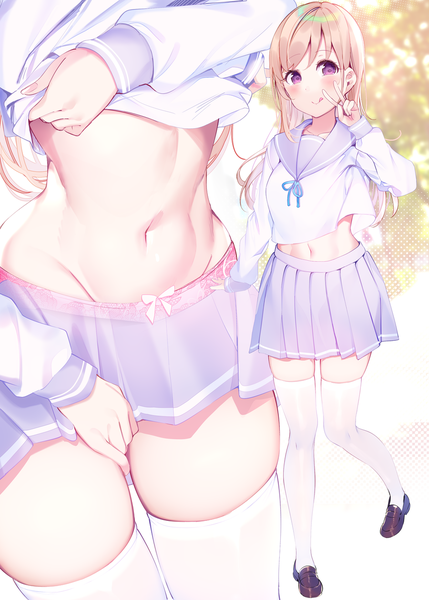 Anime picture 900x1259 with original chikuwa. long hair tall image looking at viewer blush fringe light erotic blonde hair standing purple eyes full body long sleeves pleated skirt arm up midriff zettai ryouiki groin skindentation victory