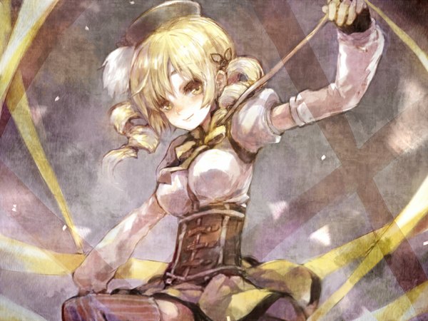 Anime picture 1024x768 with mahou shoujo madoka magica shaft (studio) tomoe mami ameiro (artist) single looking at viewer short hair blonde hair smile twintails yellow eyes drill hair short twintails underbust girl thighhighs ribbon (ribbons) hat detached sleeves striped thighhighs
