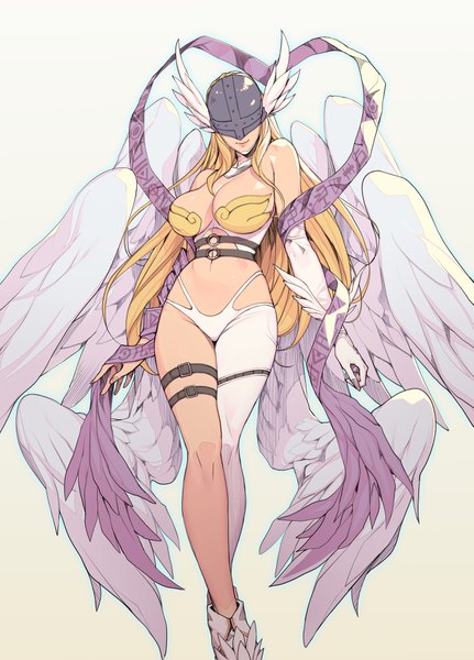 Anime picture 2721x3784 with digimon digimon adventure angewomon oda non single long hair tall image highres breasts light erotic simple background blonde hair smile large breasts standing white background bare shoulders full body lips sideboob