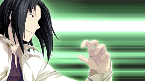 Anime picture 1600x900 with volume7 rococoworks fue (tsuzuku) single short hair black hair wide image looking away upper body profile green background boy