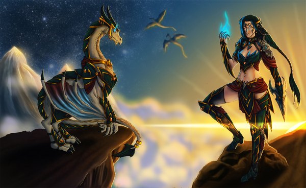 Anime picture 1500x921 with league of legends shyvana (league of legends) long hair black hair wide image yellow eyes cloud (clouds) midriff magic girl weapon armor star (stars) sun dragon flame