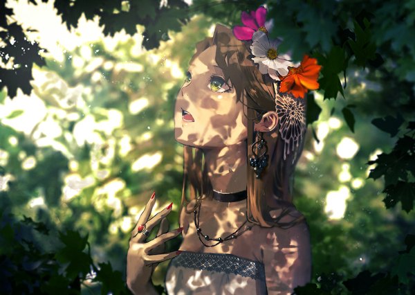 Anime picture 1000x711 with original seafh (artist) single long hair open mouth brown hair bare shoulders green eyes nail polish hair flower fingernails sunlight shadow looking up long fingernails girl hair ornament flower (flowers) plant (plants) earrings