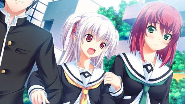 Anime picture 1280x720 with kikouyoku senki gin no toki no corona long hair blush short hair smile red eyes wide image twintails multiple girls green eyes game cg white hair red hair loli short twintails girl uniform 2 girls school uniform