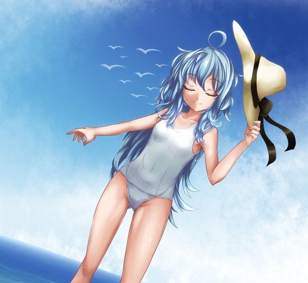Anime picture 1200x1100 with fi-san single long hair light erotic blue hair sky eyes closed light smile legs girl swimsuit hat sea one-piece swimsuit school swimsuit