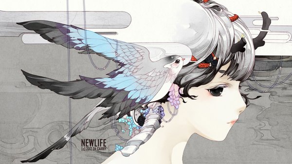 Anime picture 1366x768 with original yaomou meizi single looking at viewer short hair black hair wide image signed profile horn (horns) black eyes inscription boy animal bird (birds)