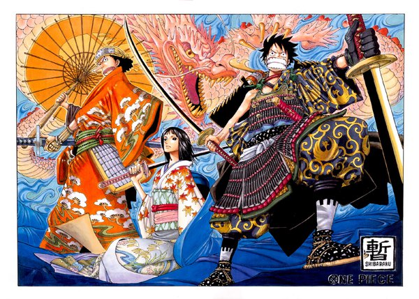 Anime picture 1959x1402 with one piece toei animation monkey d. luffy nico robin usopp oda eiichirou long hair looking at viewer fringe highres short hair black hair standing sitting holding looking away full body traditional clothes japanese clothes black eyes