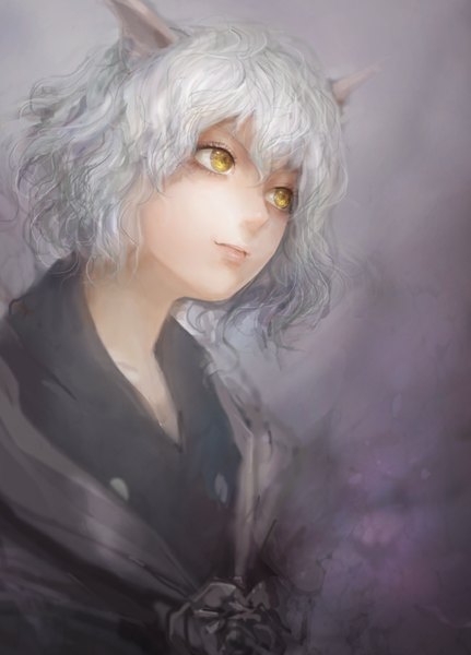 Anime picture 650x904 with hunter x hunter neferupito single tall image fringe short hair simple background animal ears yellow eyes looking away white hair light smile cat ears grey background wavy hair close-up girl buttons