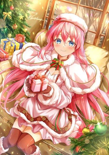 Anime picture 1448x2048 with bocchi the rock! cloverworks gotou hitori kikugawa roku single long hair tall image looking at viewer blush fringe blue eyes smile hair between eyes sitting pink hair from above christmas merry christmas girl thighhighs