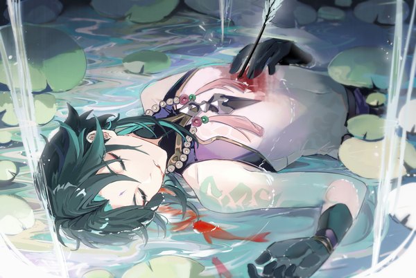 Anime picture 3706x2480 with genshin impact xiao (genshin impact) 24fufu single highres short hair black hair absurdres lying eyes closed partially submerged turning head death boy gloves flower (flowers) plant (plants) animal black gloves water