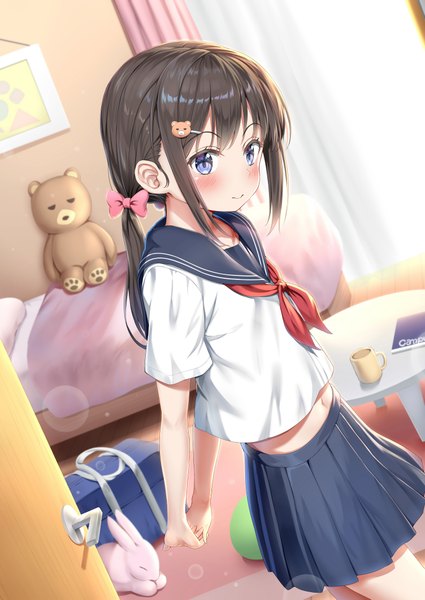 Anime picture 3008x4249 with original nedia (nedia region) single long hair tall image blush fringe highres blue eyes black hair twintails payot looking away absurdres loli low twintails hands behind back girl skirt navel