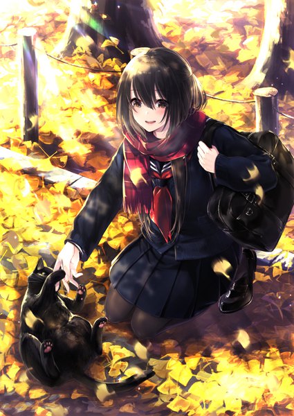 Anime picture 602x850 with original kyara36 single long hair tall image looking at viewer blush fringe open mouth smile hair between eyes brown hair brown eyes full body outdoors pleated skirt kneeling autumn girl skirt