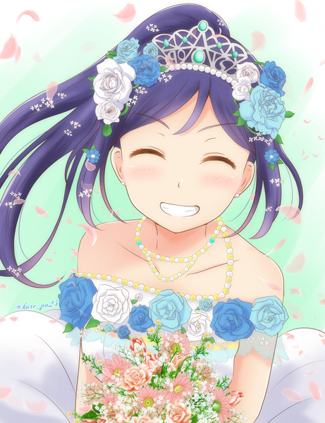 Anime picture 1000x1300 with love live! sunshine!! sunrise (studio) love live! matsuura kanan kureppu single long hair tall image blush simple background smile bare shoulders signed payot blue hair upper body ponytail eyes closed hair flower twitter username