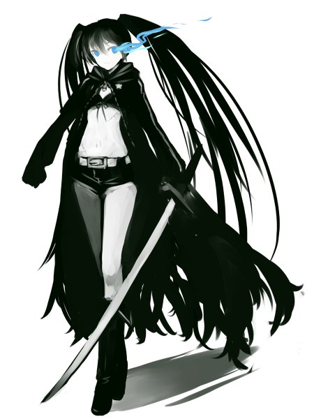 Anime picture 900x1200 with black rock shooter black rock shooter (character) hirokiku single tall image blue eyes black hair simple background white background twintails looking away very long hair glowing scar glowing eye (eyes) girl weapon sword shorts katana