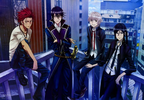 Anime picture 2048x1427 with k-project gohands (studio) mikoto suoh munakata reishi yashiro isana yatogami kuroh long hair tall image looking at viewer highres short hair blue eyes black hair blonde hair smile red eyes sitting silver hair red hair official art