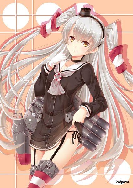 Anime picture 702x993 with kantai collection amatsukaze destroyer rensouhou-kun villyane single tall image blush light erotic smile yellow eyes white hair very long hair two side up girl thighhighs gloves hat white gloves striped thighhighs hair tubes