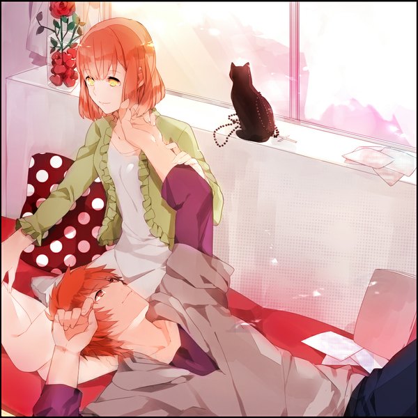 Anime picture 1000x1000 with uta no prince-sama a-1 pictures nanami haruka (uta no prince-sama) ittoki otoya yayata (884) fringe short hair smile red eyes sitting yellow eyes red hair lying couple looking down looking up polka dot girl boy flower (flowers)