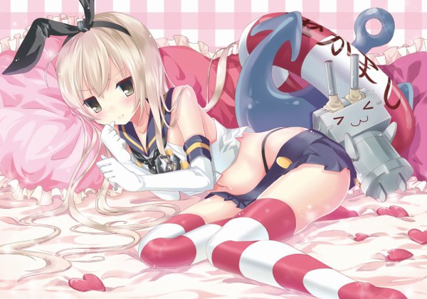 Anime picture 1244x873 with kantai collection shimakaze destroyer rensouhou-chan kapuchii long hair blush blonde hair bare shoulders brown eyes girl thighhighs gloves bow weapon hair bow miniskirt elbow gloves heart striped thighhighs sailor suit