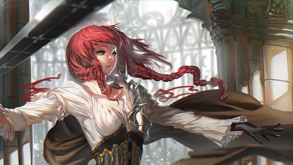 Anime picture 1920x1080 with original karasu-san (syh3iua83) single long hair looking at viewer highres blue eyes wide image red hair braid (braids) girl gloves weapon sword armor cape spikes