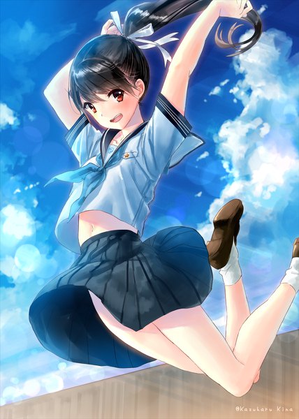 Anime picture 856x1200 with original kazuharu kina single long hair tall image looking at viewer blush open mouth light erotic black hair red eyes signed sky cloud (clouds) ponytail arms up adjusting hair jumping midair girl