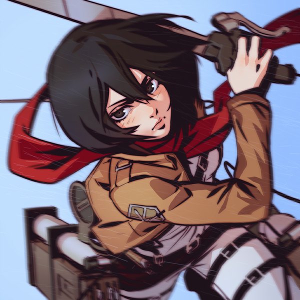 Anime picture 1024x1024 with shingeki no kyojin production i.g mikasa ackerman ilya kuvshinov single looking at viewer fringe short hair black hair simple background holding brown eyes close-up blue background girl uniform weapon sword belt scarf