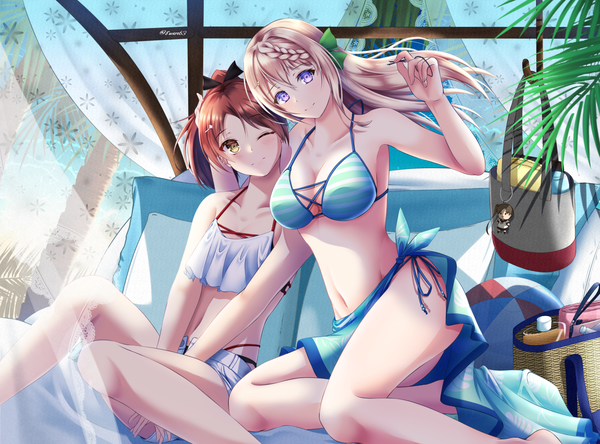Anime picture 1500x1110 with kantai collection shikinami destroyer ayanami destroyer perth (kantai collection) hachiware (8ware63) long hair looking at viewer blush fringe breasts light erotic blonde hair hair between eyes brown hair large breasts sitting purple eyes multiple girls signed yellow eyes