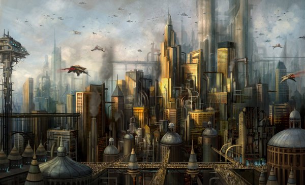 Anime picture 1217x742 with philipstraub (artist) wide image city cityscape science fiction panorama smog