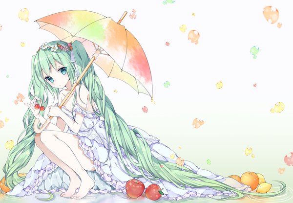 Anime picture 1500x1039 with vocaloid hatsune miku chico152 single looking at viewer fringe sitting twintails bare shoulders very long hair barefoot hair flower aqua eyes aqua hair bare legs no shoes squat girl dress hair ornament