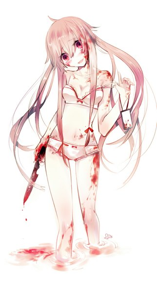 Anime picture 600x1116 with mirai nikki gasai yuno shell (pixiv) single long hair tall image looking at viewer open mouth light erotic simple background smile white background holding pink hair ahoge pink eyes legs underwear only walking bloody clothes