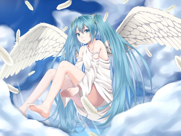 Anime picture 1200x900 with vocaloid hatsune miku heisei yutorin single twintails cloud (clouds) very long hair aqua eyes aqua hair girl dress wings feather (feathers)