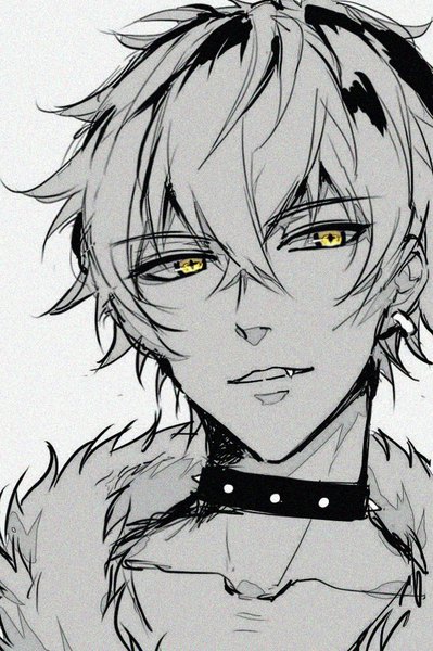 Anime picture 673x1011 with ensemble stars! oogami koga kurasaki ken single tall image fringe short hair simple background hair between eyes yellow eyes fang (fangs) fur trim piercing monochrome spot color boy choker fur fur collar