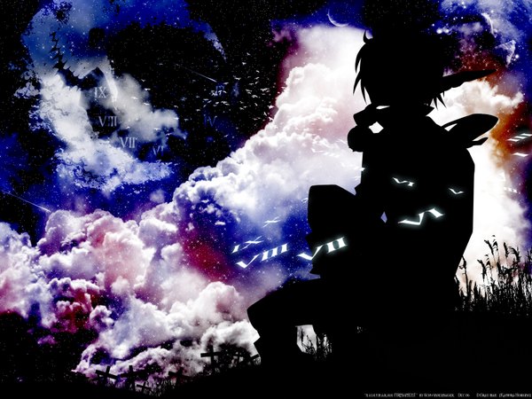 Anime picture 1600x1200 with d.gray-man miranda lotto hoshino katsura single short hair sitting cloud (clouds) profile night wallpaper night sky silhouette girl