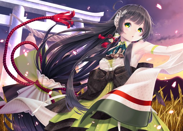 Anime picture 1600x1151 with kantai collection mizuho seaplane tender hane yoshiyumi single black hair green eyes sky ahoge outdoors very long hair armpit (armpits) outstretched arm evening girl hair ornament bow detached sleeves petals hair tubes large bow