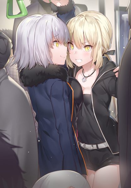 Anime picture 1232x1771 with fate (series) fate/grand order artoria pendragon (all) jeanne d'arc (fate) (all) jeanne d'arc alter (fate) saber alter yuran (cozyquilt) long hair tall image blush fringe breasts light erotic blonde hair smile hair between eyes standing multiple girls holding yellow eyes