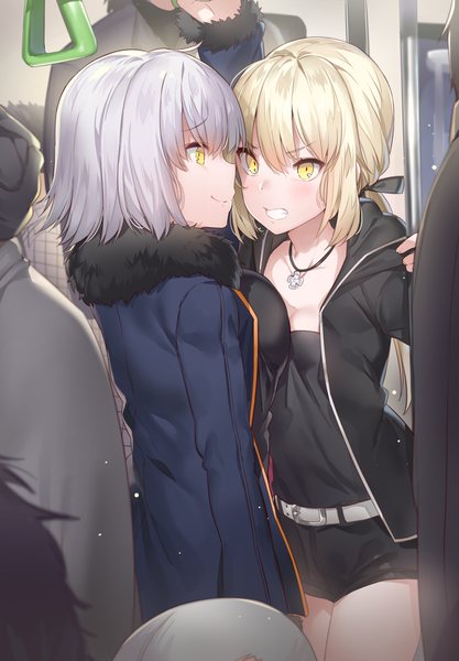 Аниме картинка 1232x1771 с fate (series) fate/grand order artoria pendragon (all) jeanne d'arc (fate) (all) jeanne d'arc alter (fate) saber alter yuran (cozyquilt) длинные волосы высокое изображение румянец чёлка грудь лёгкая эротика светлые волосы улыбка волосы между глазами стоя несколько девушек держать жёлтые глаза