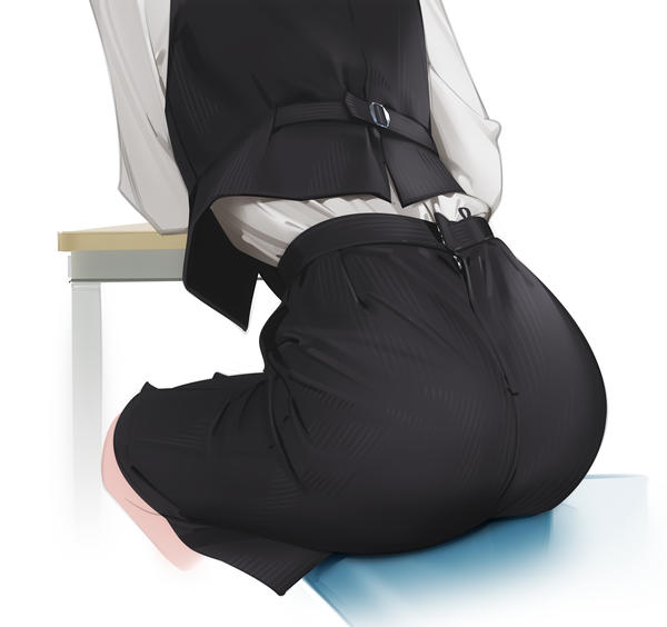 Anime picture 1916x1800 with original ama mitsuki single highres light erotic simple background white background sitting ass long sleeves from behind head out of frame office lady girl skirt shirt white shirt black skirt vest