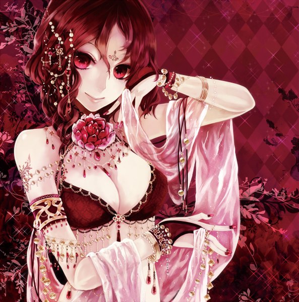 Anime picture 1200x1214 with original ut (apt) long hair tall image breasts light erotic smile red eyes red hair nail polish girl flower (flowers) jewelry lotus