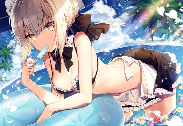 Anime picture 1447x1002 with fate (series) fate/grand order artoria pendragon (all) artoria pendragon (alter swimsuit rider) (fate) necomi (gussan) single fringe short hair breasts light erotic blonde hair hair between eyes bare shoulders holding signed yellow eyes payot looking away cleavage cloud (clouds)