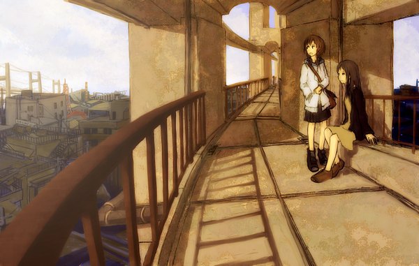 Anime picture 1485x945 with original yoshidaworks long hair open mouth smile brown hair standing sitting multiple girls city looking up cityscape landscape girl dress skirt 2 girls jacket window bag