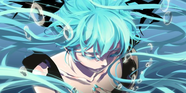 Anime picture 1200x603 with vocaloid hatsune miku single long hair wide image bare shoulders eyes closed nail polish aqua hair underwater girl water bubble (bubbles)