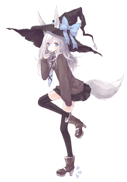 Anime picture 2012x2876 with original buran (kure) single long hair tall image looking at viewer blush fringe highres open mouth blue eyes simple background standing white background animal ears silver hair full body tail animal tail pleated skirt