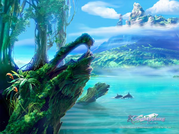 Anime picture 1600x1200 with kagaya cloud (clouds) no people landscape nature rock 3d plant (plants) animal tree (trees) water sea dolphin