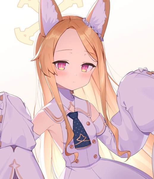 Anime picture 1500x1737 with blue archive seia (blue archive) ohihil single long hair tall image blush simple background blonde hair white background animal ears upper body pink eyes slit pupils girl detached sleeves halo