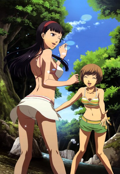 Anime picture 4076x5882 with persona 4 persona nyantype satonaka chie amagi yukiko sakai moe long hair tall image highres short hair open mouth black hair brown hair multiple girls absurdres eyes closed one eye closed wink black eyes scan