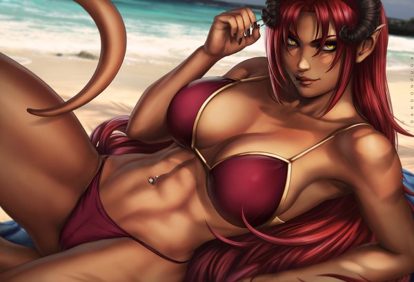 Anime picture 1200x818 with original audelia dandon fuga single long hair looking at viewer breasts light erotic large breasts yellow eyes red hair tail nail polish horn (horns) lips pointy ears realistic beach piercing dark skin