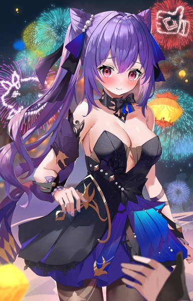 Anime picture 874x1364 with genshin impact keqing (genshin impact) keqing (opulent splendor) (genshin impact) tsukise miwa long hair tall image looking at viewer blush fringe breasts light erotic smile hair between eyes large breasts standing purple eyes twintails bare shoulders payot cleavage