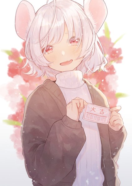 Anime picture 900x1273 with original necojishi single tall image looking at viewer short hair open mouth red eyes holding animal ears upper body ahoge white hair mouse ears girl turtleneck omikuji