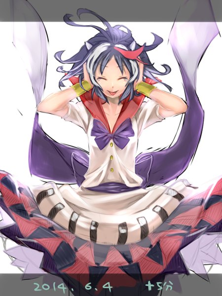 Anime picture 960x1280 with touhou kijin seija namauni single tall image short hair black hair simple background smile white background eyes closed multicolored hair horn (horns) streaked hair hands on head girl bracelet tongue teardrop
