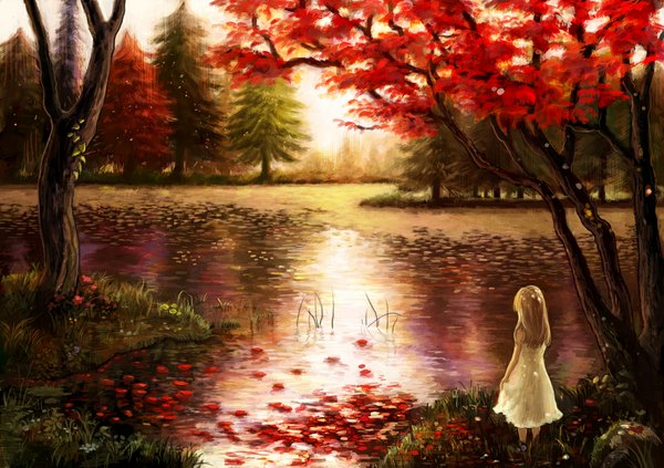 Anime picture 1100x777 with original ashi kyuuyuu single long hair brown hair from behind lake girl plant (plants) petals tree (trees) water grass sundress forest