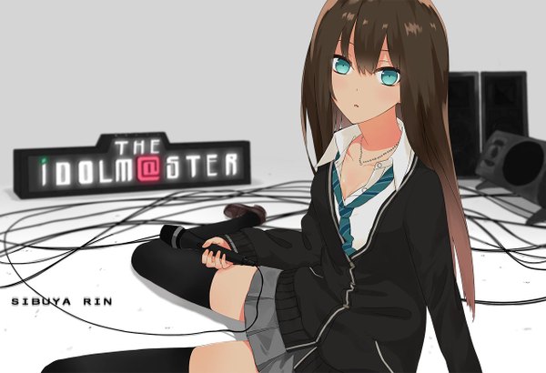 Anime picture 1280x876 with idolmaster idolmaster cinderella girls shibuya rin asato (pixiv) single long hair looking at viewer fringe blue eyes brown hair sitting pleated skirt copyright name character names open collar girl thighhighs skirt uniform black thighhighs